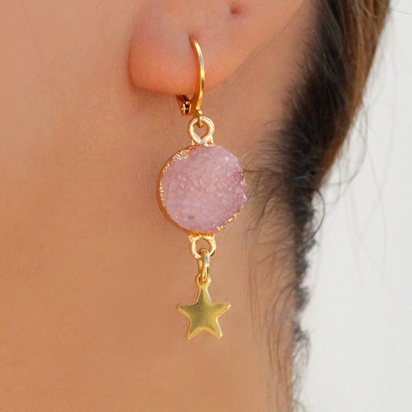 Moon & Star Pink Resin Cuff Stainless Steel Earrings - Picture 2 of 5